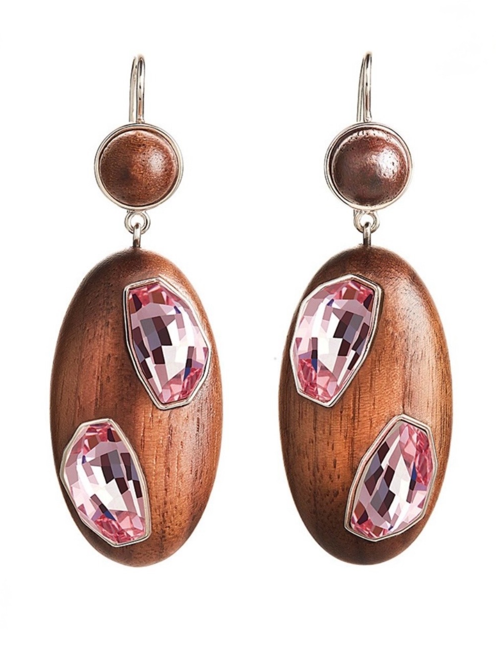 Wooden Drop Earrings with Pink Crystal Accents